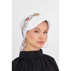 Hürrem Bone Krem Şapkalı Tesettür Bone Kesik Elyaf Desenli Şifon Kemerli 1902_40