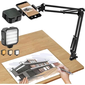 Üstten Çekim Masa Telefon Tutucu | Katlanabilir ve 360° Döner Ayarlanabilir Stand, Video Çekimi ve Canlı Yayın Için Sabit Kelepçeli Tripod Braketi, + Ay-49 LED Işık | CZ45