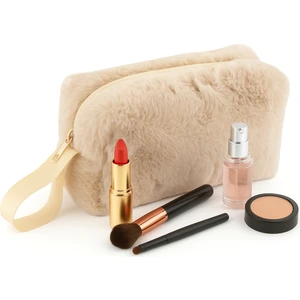 NS Reliable Chic Clutch Seyahat Makyaj Organizeri Kozmetik Çantası Tüy Peluş - 250 Krem