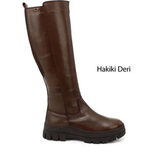 Kadın Kahve Antik Fermuarlı Kauçuk Taban Hakiki Deri Çizme
