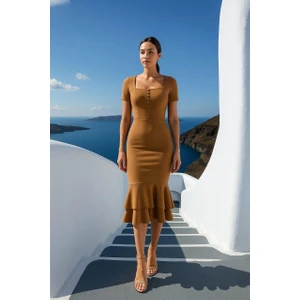 Kadın Kare Yaka Kısa Kollu Düğme Detay Çift Volanlı Midi Abiye Elbise Camel 582981