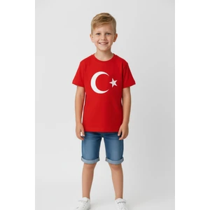 Türk Bayraklı Ay Yıldızlı Kırmızı Unisex Tişört | %100 Pamuk | Çocuk