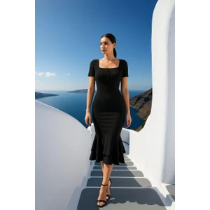 Kadın Kare Yaka Kısa Kollu Düğme Detay Çift Volanlı Midi Abiye Elbise Siyah 582981