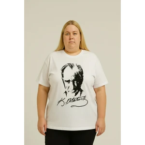 Atatürk Baskılı Unisex Büyük Beden Beyaz Tişört | %100 Pamuk | Bisiklet Yaka