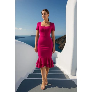 Kadın Kare Yaka Kısa Kollu Düğme Detay Çift Volanlı Midi Abiye Elbise Fuşya 582981