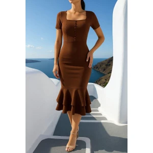 Kadın Kare Yaka Kısa Kollu Düğme Detay Çift Volanlı Midi Abiye Elbise Kahverengi 582981