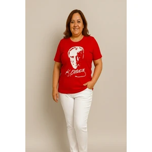Atatürk Baskılı Unisex Büyük Beden Kırmızı Tişört | %100 Pamuk | Bisiklet Yaka