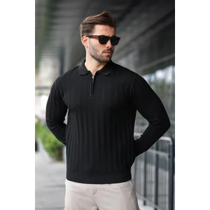 Siyah Yarım Fermuarlı Polo Yaka Triko Kazak E7426
