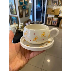 2 Kişilik El Yapımı Sarı Kurdele Desenli Seramik Kupa Takımı - Çay Kahve Sunum Seti