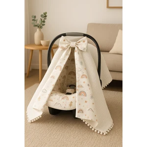 Tek Puset Örtüsü %100 Pamuk Çift Katlı Gökkuşağı Müslin ve Beyaz Pike Kumaştan Fiyonklu