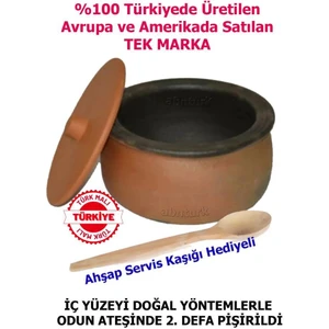 30CM Büyükboy El Yapımı Kapaklı Toprak Fırın Güveci Güveç 10-12 Kişilik Tahta Servis Kaşığı Hediyeli Vip Tencere
