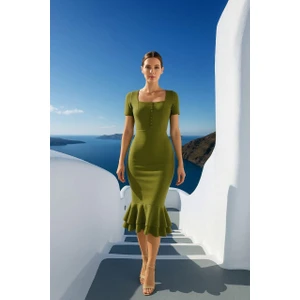 Kadın Kare Yaka Kısa Kollu Düğme Detay Çift Volanlı Midi Abiye Elbise Fıstıkyeşil 582981