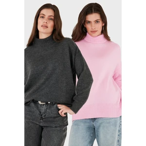 Oversize Fit Balıkçı Yaka Yumuşak Dokulu 2'li Paket Triko Kazak Bayan Kazak 680KZ00469S2