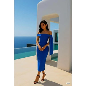 Omuz Detaylı Midi Boy Abiye Elbise Saks 583244