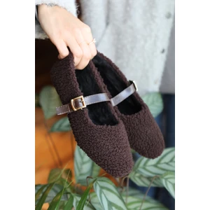 Peluş Tüylü Bilekten Bağlamalı Kadın Ev Ayakkabısı Babet