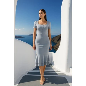 Kadın Kare Yaka Kısa Kollu Düğme Detay Çift Volanlı Midi Abiye Elbise Gri 582981