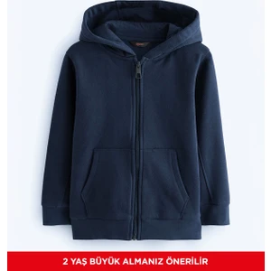 Erkek Çocuk Basic Düz Kapüşonlu Fermuarlı Sweatshirt - 2544
