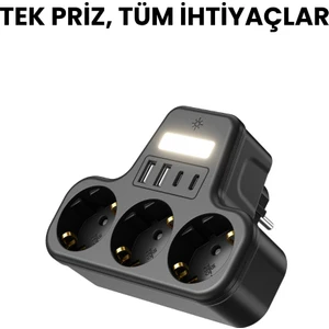 3’lü Duvar Tipi Akım Korumalı Priz | 2 Usb-A + 2 Type-C Girişli | LED Gece Lambalı Akıllı Çoklu Priz