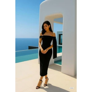 Omuz Detaylı Midi Boy Abiye Elbise Siyah 583244