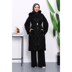 İmaj Butik Siyah Kürk Detaylı Kapşonlu Uzun Yelek