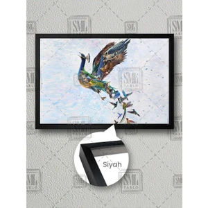 Renkli Anka Kuşu Kanatlarında Yavrular Simurg Çerçeveli Yatay Kanvas Tablo