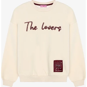 Boncuk Nakışlı Oversize Sweatshirt Bej