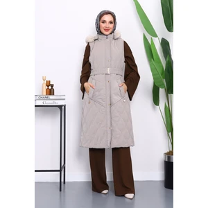 İmaj Butik Taş Kürk Detaylı Kapşonlu Uzun Yelek