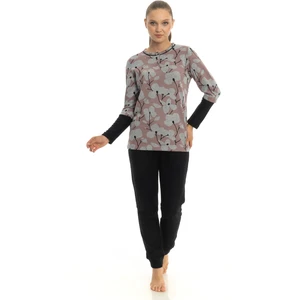 Mooncover Kadın Kışlık Çiçek Desenli Kol Detaylı Pijama Takımı Siyah