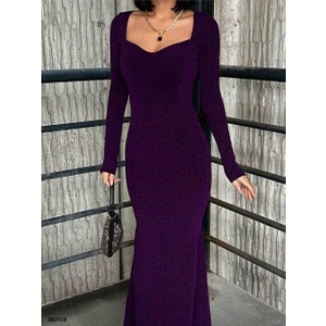 Kalp Yaka Balık Model Flowers Kumaş Abiye Elbise Mor 583114