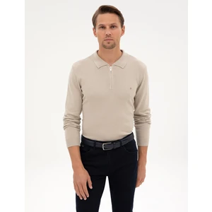 Pierre Cardin Erkek Kum Melanj Slim Fit Polo Yaka Fermuarlı Basic Triko Kazak 50314191-VR123