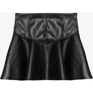 Volanlı Deri Mini Etek Siyah