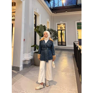 Harma Time Butik Kadın Kemerli Kürk Detaylı Koyu Kot Mavi Ceket