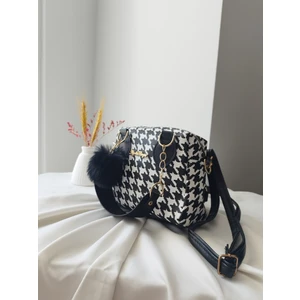 Mini Model Puf Charm Detaylı Deri Beyaz - Siyah Kadın El, Omuz, Çapraz Çanta