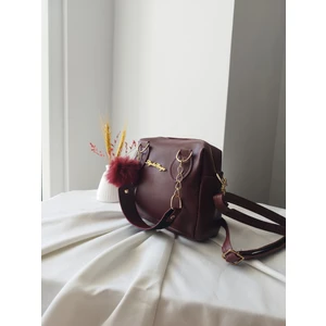 Mini Model Puf Charm Detaylı Deri Bordo Kadın El, Omuz, Çapraz Çanta