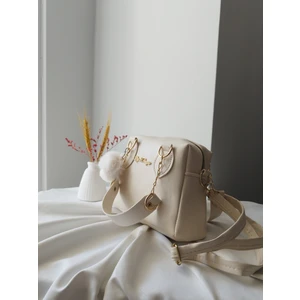 Mini Model Puf Charm Detaylı Deri Krem Kadın El, Omuz, Çapraz Çanta