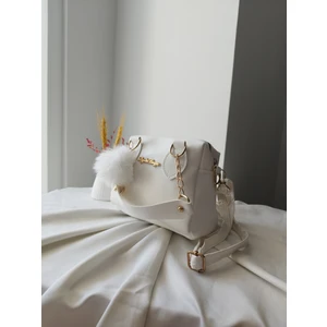 Mini Model Puf Charm Detaylı Deri Beyaz Kadın El, Omuz, Çapraz Çanta