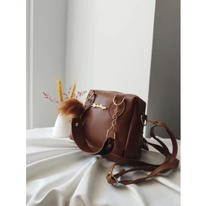 Mini Model Puf Charm Detaylı Deri Kahverengi Kadın El, Omuz, Çapraz Çanta