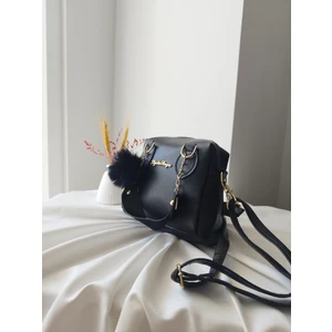 Mini Model Puf Charm Detaylı Deri Siyah Kadın El, Omuz, Çapraz Çanta