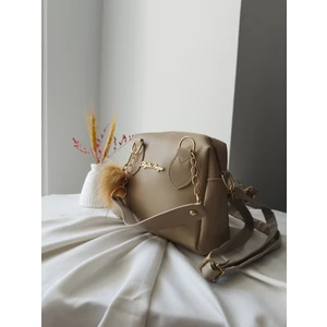 Mini Model Puf Charm Detaylı Deri Bej Kadın El, Omuz, Çapraz Çanta