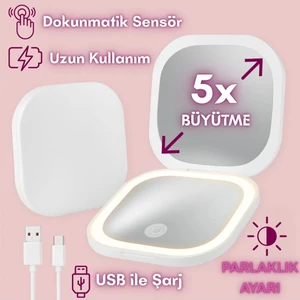 Işıklı Büyüteçli Cep Aynası, Makyaj USB Şarjlı Katlanır Dokunmatik LED Seyahat El Makyaj Aynası