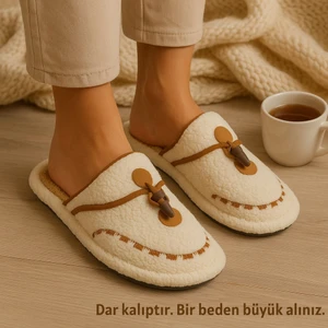 Kadın Kışlık Düğmeli Içi Havlulu Rahat Kaymaz Tüylü Ev Terliği