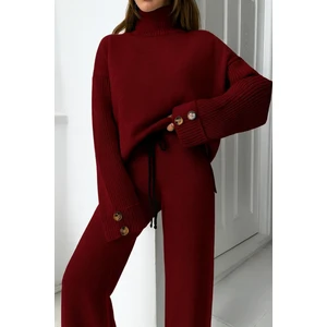 Yeni Ürün Dik Yaka Düğme Detaylı Oversize Kazak-Pantolon Triko Alt Üst Takım 0034