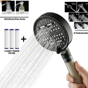 6 Fonksiyonlu Filtreli Duş Başlığı + 3 Adet Yedek Filtre – Yüksek Basınçlı Su Tasarruflu Banyo Başlığı
