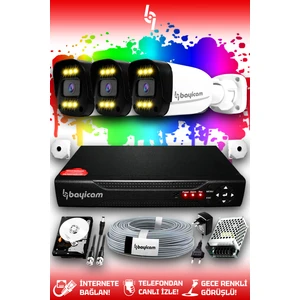 3 Kameralı Ultra 3 Dış Kamera Set 250 GB 5 MP 2K Net Renkli Gece Görüşlü Güvenlik Kamerası Sistemi