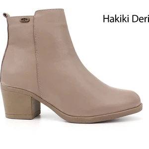 Kadın Bej Fermuarlı Kalın Topuklu Hakiki Deri Bot