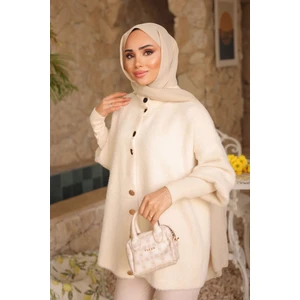 Krem Dik Yaka Angora Yumoş Hırka