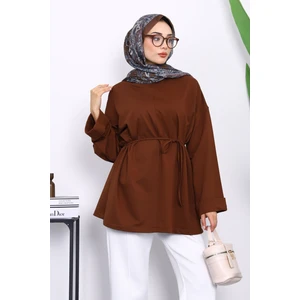 Kahverengi Yanları Yırtmaçlı Bel Ipli Tunik