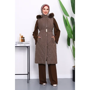 İmaj Butik Koyuv Vizon Kürk Detaylı Kapşonlu Uzun Yelek