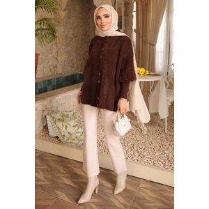 Kahverengi Dik Yaka Angora Yumoş Hırka
