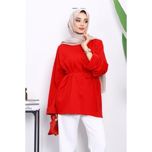 Kırmızı Yanları Yırtmaçlı Bel Ipli Tunik